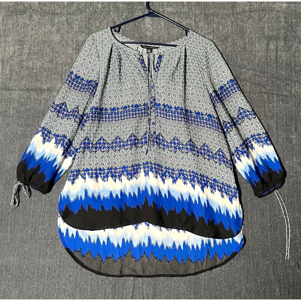 Zac & Rachel Womens M Blue Geometric Round Neck 3/4 Sleeve Woven Blouse